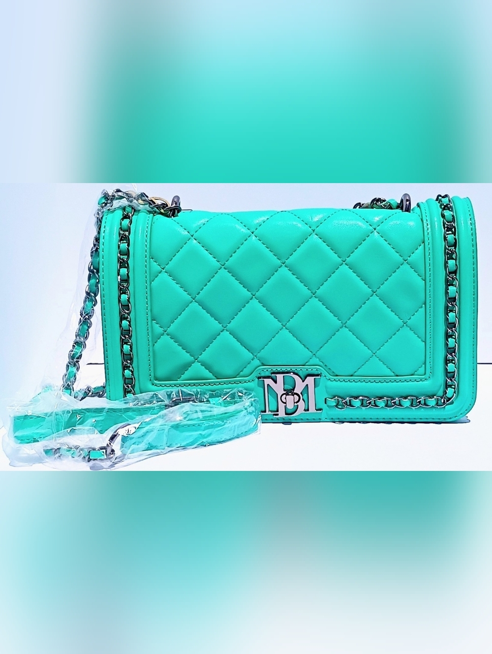 Badgley Mischka Green Quilted Crossbody Bag Chain Strap NWT Vegan Leather